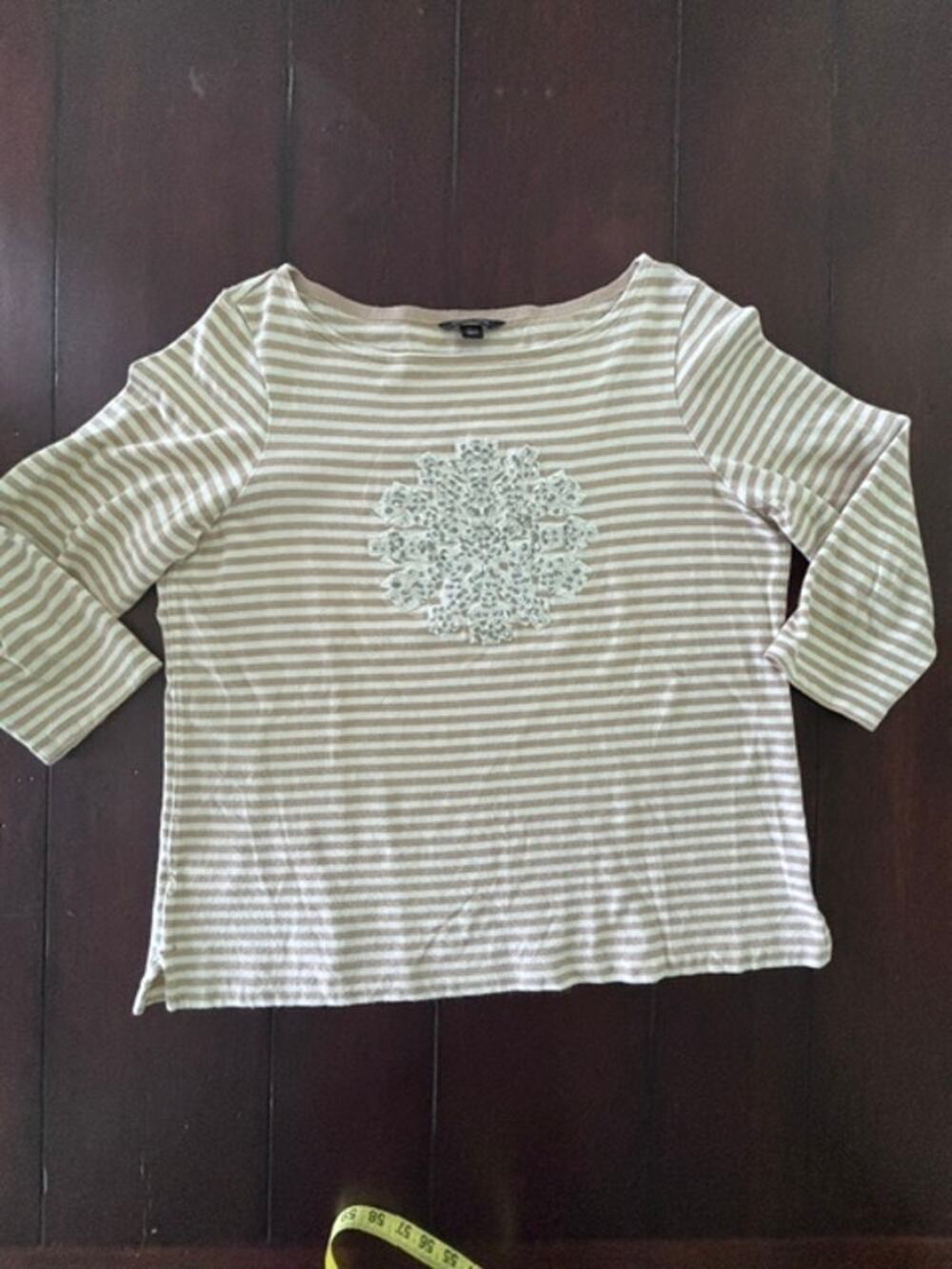 Lands' End Girl's14-16 Cream Tan Stripe Snowflake Sequin Cotton Top EUC